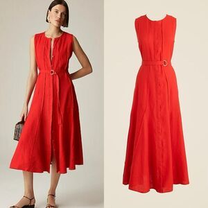NWT J CREW Petite seamed linen dress with removable belt in red